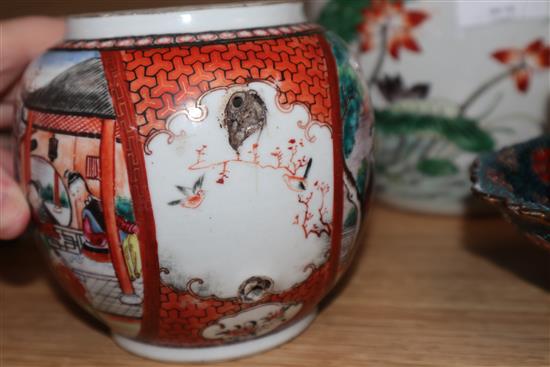 A 19th century Chinese famille verte jar, a shou medallion pot, a damaged teapot and a pedestal dish